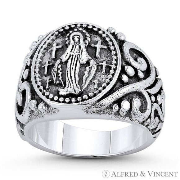 Virgin Mary Cross Charm Signet-Style Men's Ring in .925 Sterling Silver - Sz. 10